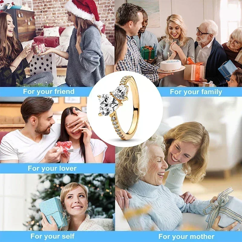 كلاسيكي بسيط هدايا عيد الميلاد عيد الميلاد 925 فضة ذهبي اللون تاج على شكل قلب خاتم رائع سحر المرأة مجوهرات