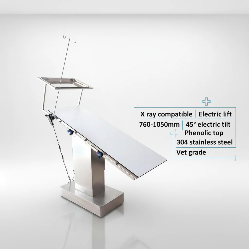 EUR VET X Ray Electric Lifting Veterinary Operating Table 1500x600mm 760-1050mm Height 45° Electric Tilt Phenolic Top