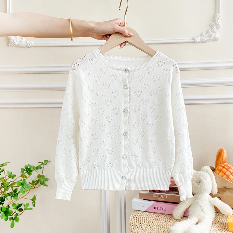 New Spring/Summer Girls' Knitted Hollow Heart Cotton Cardigan Lightweight and Breathable Air Conditioning Shirt Holiday