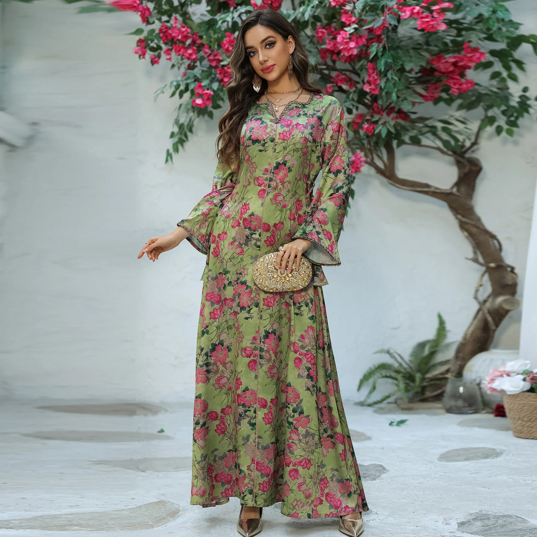 ムスリムアバヤ プリントラインストーン 中東ドレス ソフト生地 ホームウェア ドバイ ジャラビーヤ ローブ アバヤ ロングルーズドレス