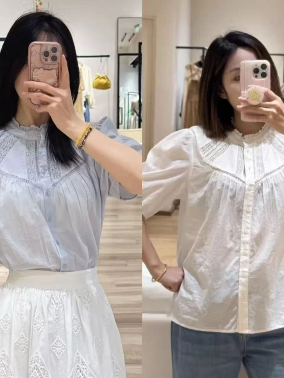 

Ladies Cotton Lace Bubble Sleeve Shirt round Neck Hollow out Soft Style Pure Color Spring Summer New Arrival Women's Top