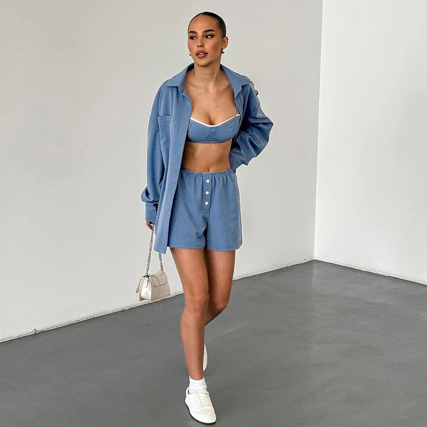 

HiLoc Women's 3 Piece Blue Oversized Shirt Cami Bralette Shorts Set Striped Loungewear Casual Relaxed 2026 Spring Summer New
