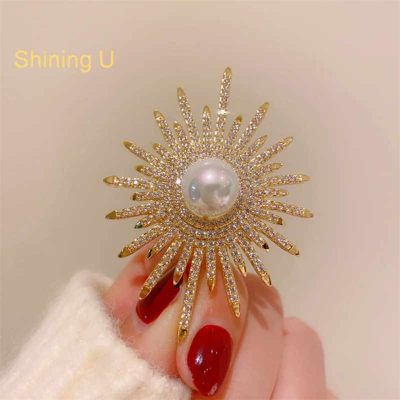 

Shining U Full Gems Pearl Brooch for Women Fashion Overcoat Accessory Gift