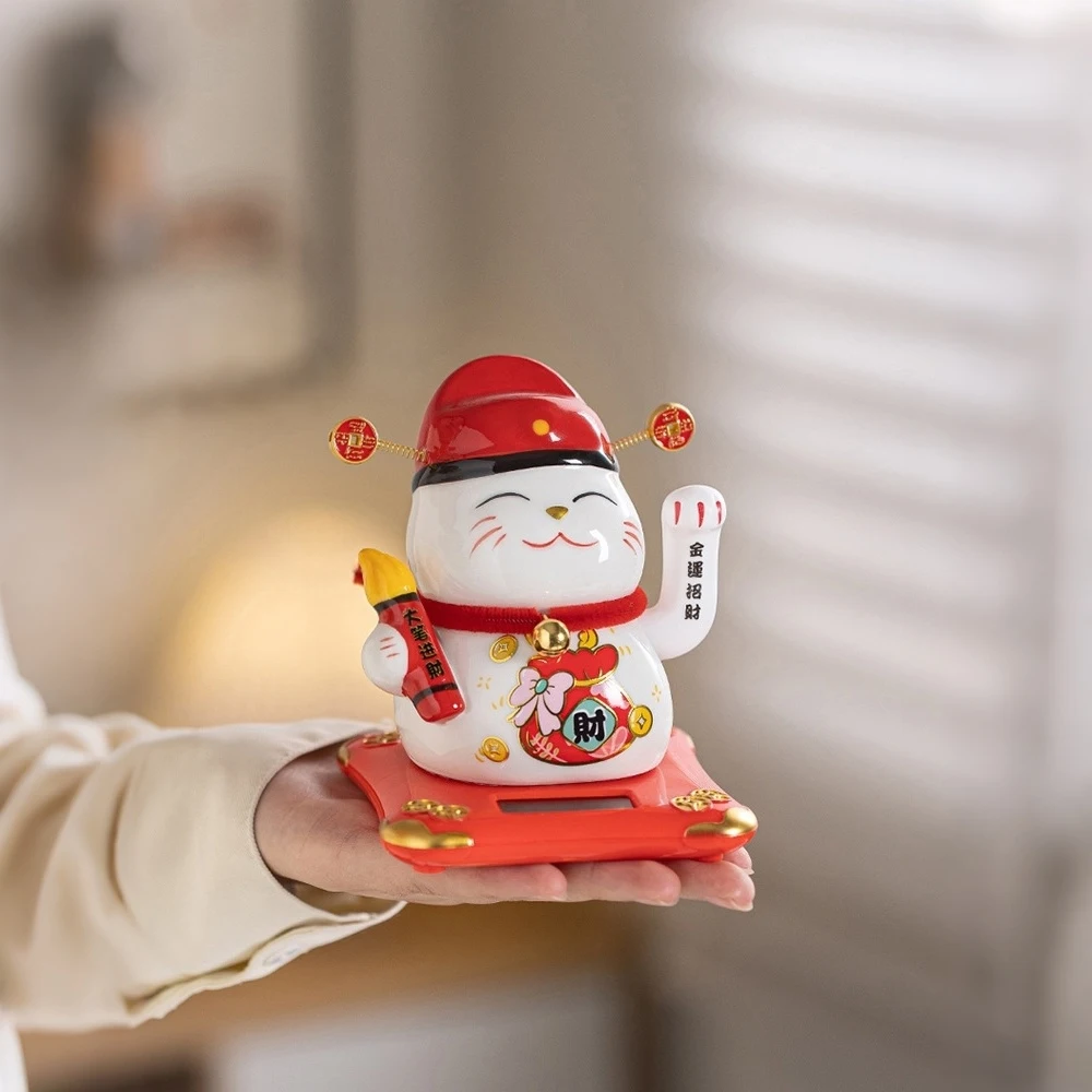 Solar Waving Lucky Cat Ceramic Fortune Cat with Red Hat, Auto Moving Paw for Wealth, Home Office Car Decor, Gift for Prosperity