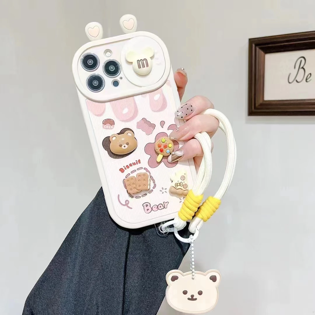 3D cartoon cute push window bread chocolate teddy bear+wrist strap case suitable for iPhone 15 14 13 12 11 Pro Max silicone case