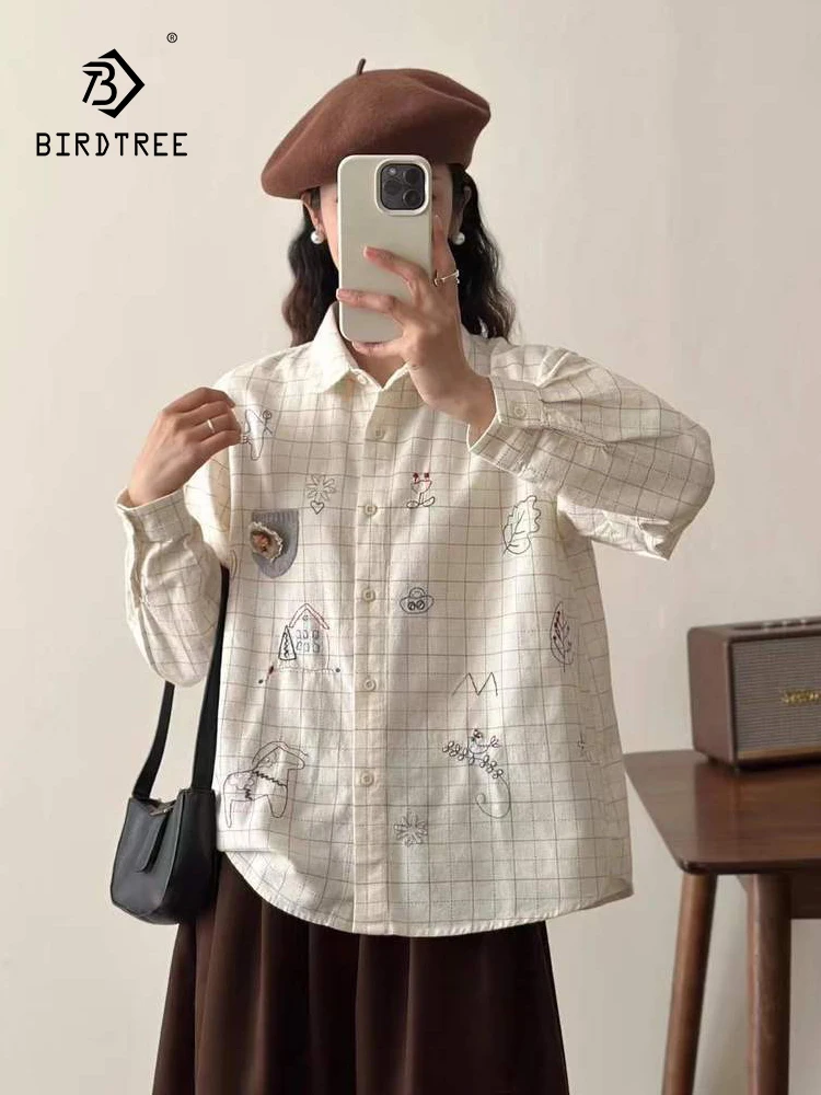 

Новая осенняя хлопковая рубашка с длинными рукавами 2025, женская клетчатая вышивка с лацканами, свободная блузка Mori Girl French Sweet Chic T5N224CC