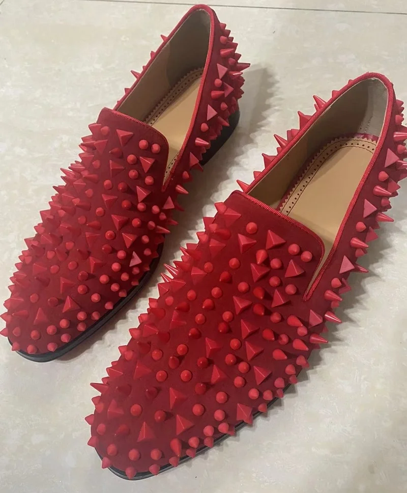 Luxury Red Suede Man Shoes High Quality Spiked Loafers Dress Shoes Men Slip On Party And Wedding Shoes