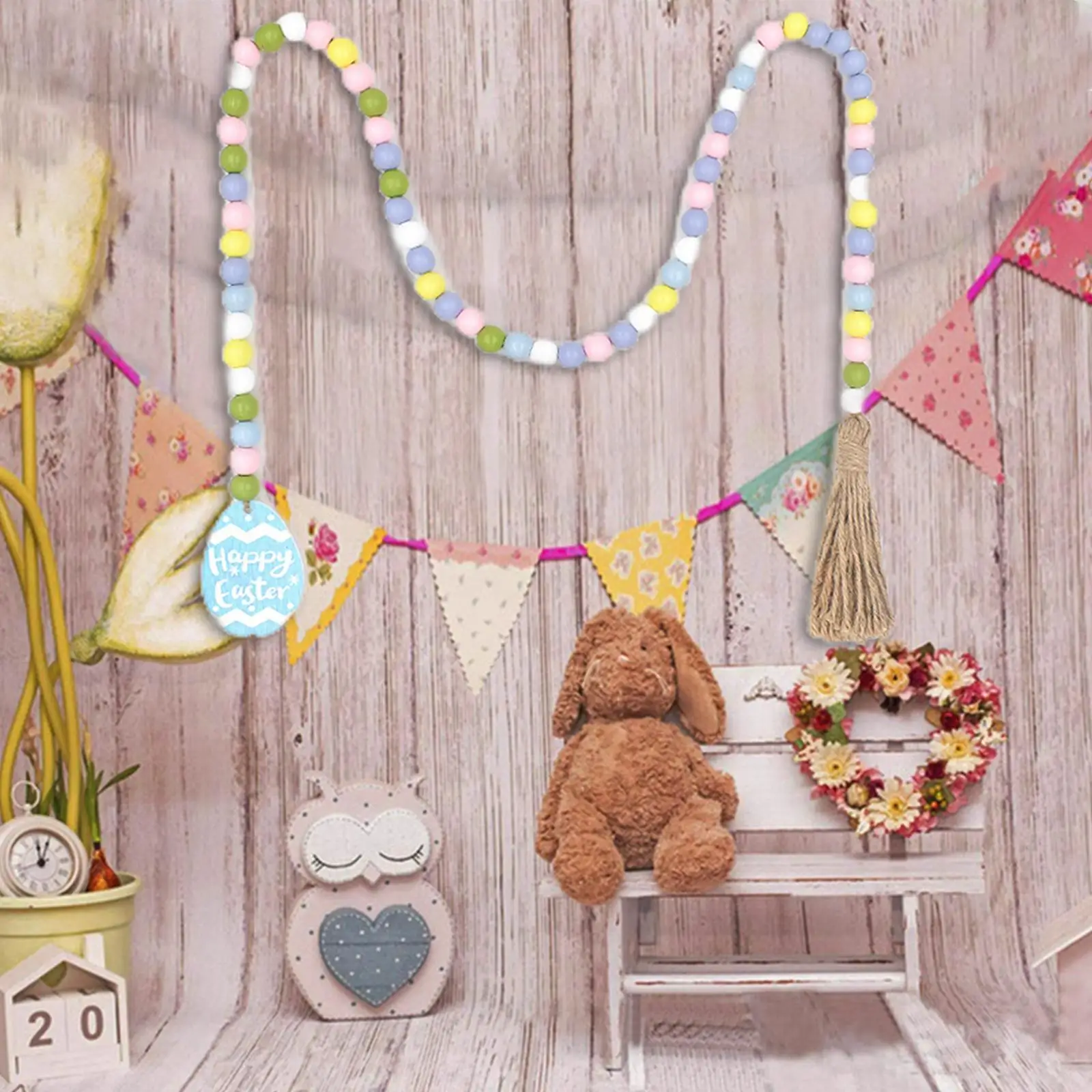 Wood Bead Garland Easter Accessory with Tassels Handmade Boho for Country Indoor