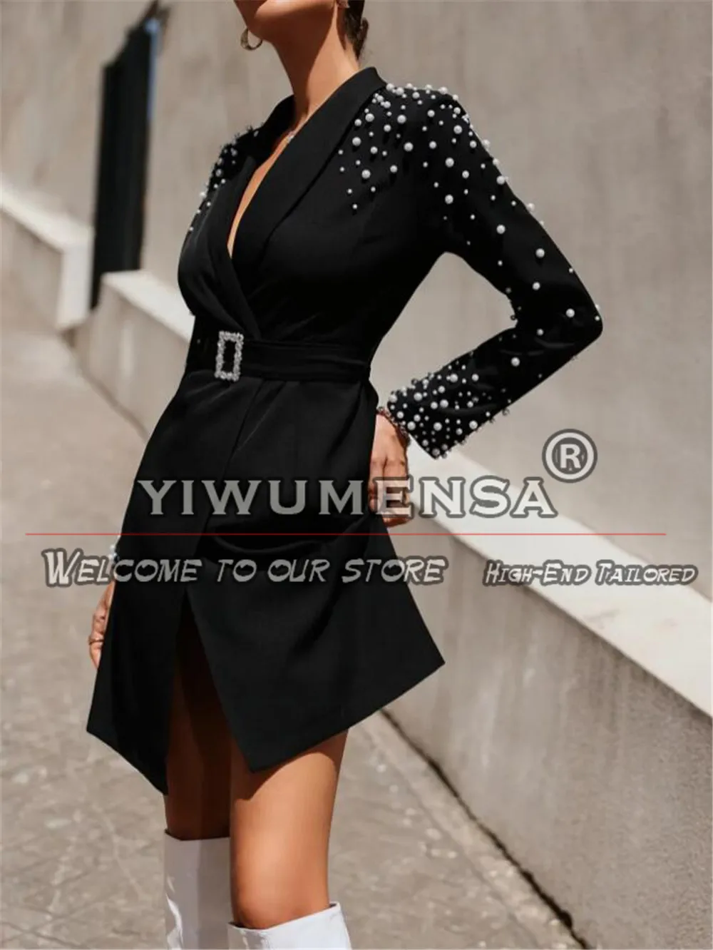 Black Women Suit Jackets Custom Made White Pearls Beaded Blazer Female Fashion Blazer Outwear Party Prom Coat Long Fit Slim