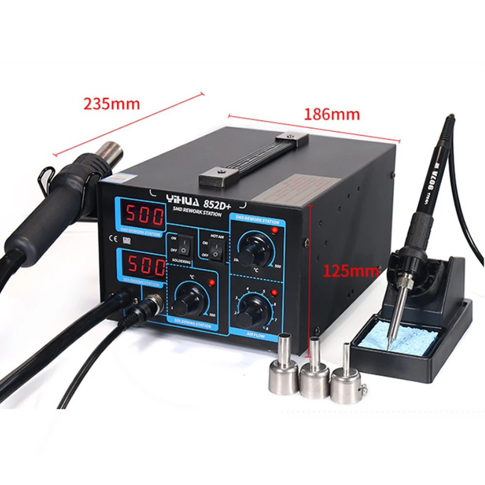 YIHUA 852D + Windmachine type heteluchtpistool lasstation Digitale hetelucht desoldeerstation 2-in-1 heteluchtlasstation