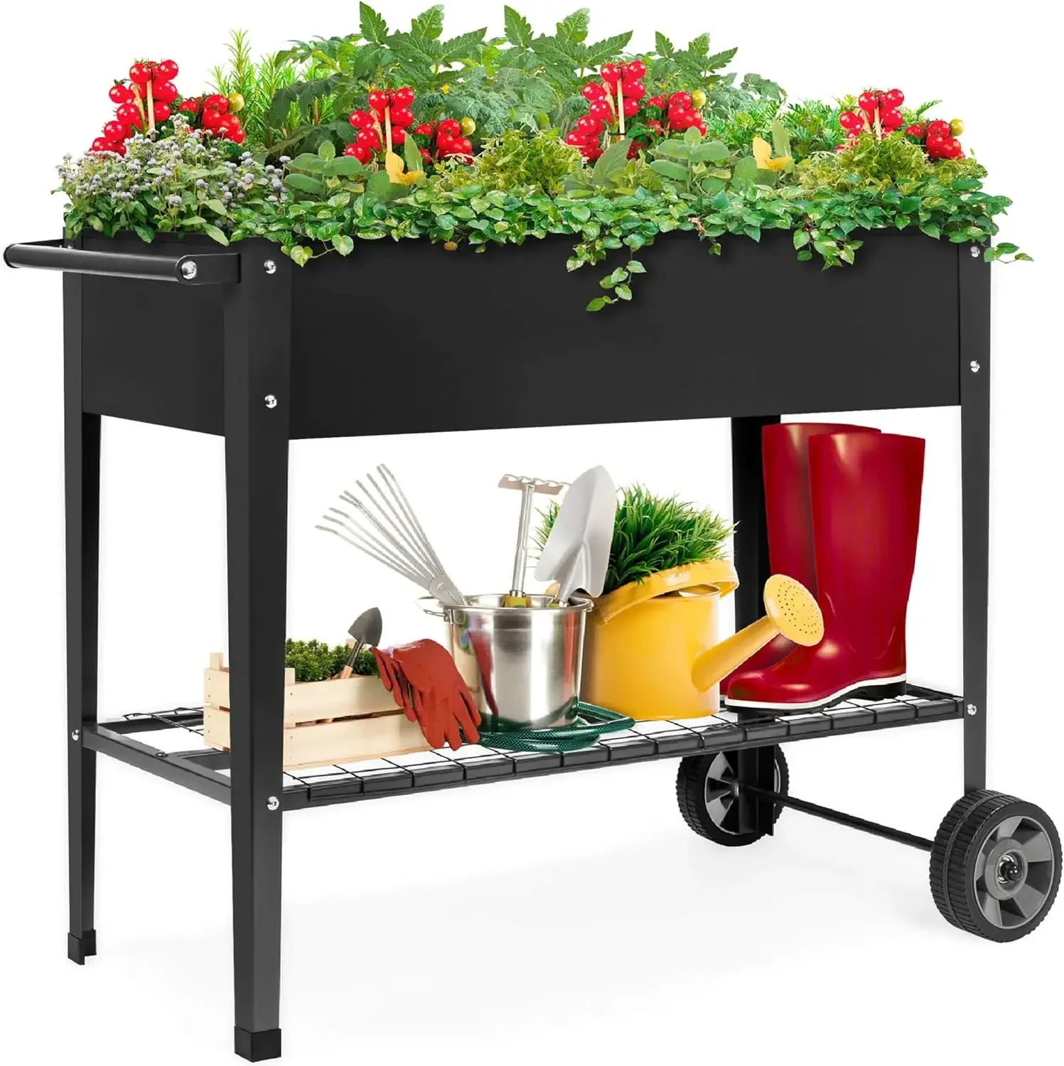 

Elevated Mobile Raised Ergonomic Metal Planter Garden Bed for Backyard, Patio w/Wheels, Lower Shelf, 38x16x32in, Dark Gray