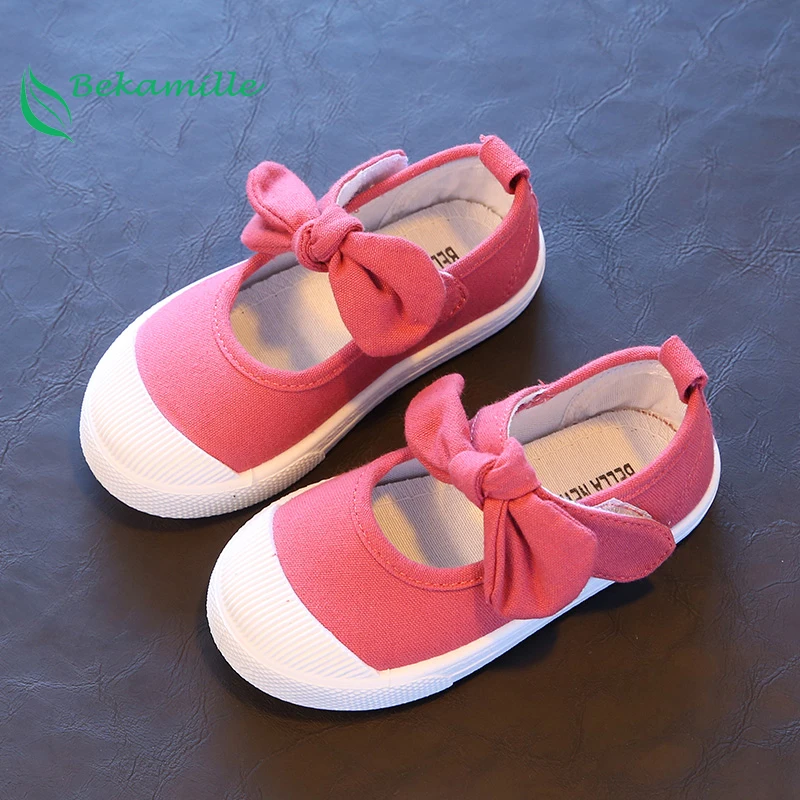 Bekamille Spring Autumn Children Canvas Casual Shoes Kids Lovely Bow Flat Heels Shoes Girls Princess Solid Color Sneakers