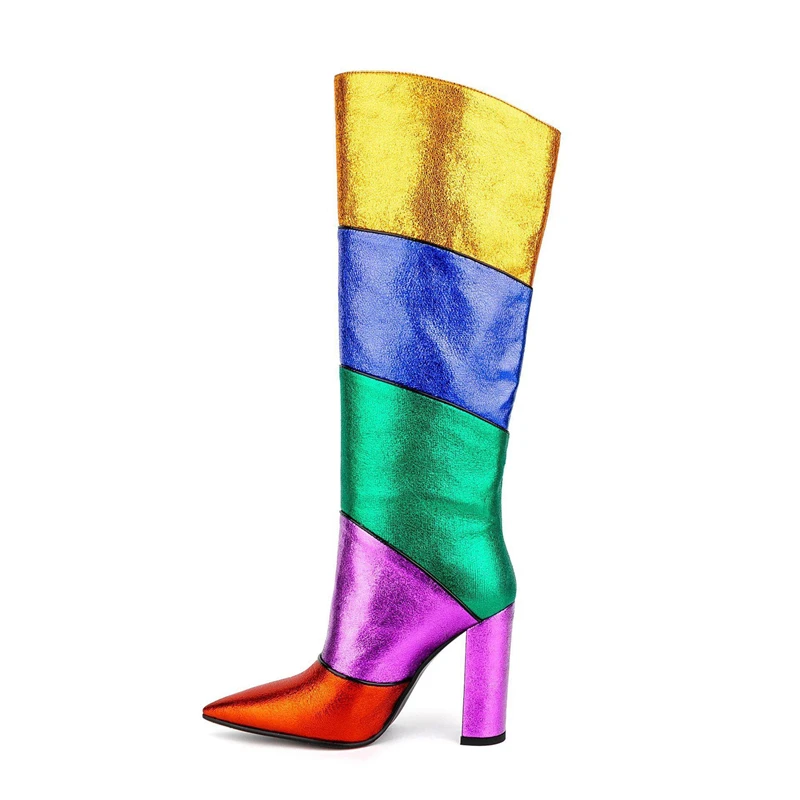 

Big Size 34-43 Colorful Patchwork Women's Knee High Boots Sexy Pointed Toe Platform Ladies Boots High Heels Fashion Botas Altas