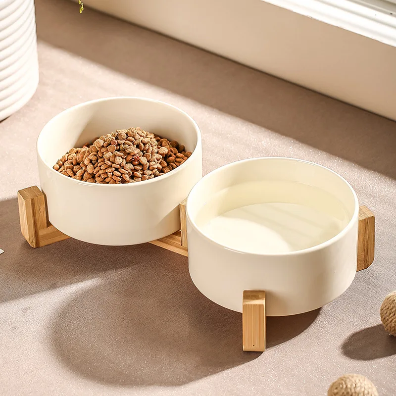 Wooden Rack Ceramic Pet Double Bowl Dish Integrated Pet Eating Basin Drinking Bowl Protect Small Cats Dogs Neck No Spill Feeder