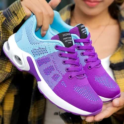 Women Casual Shoes Knit Vamp Air-cushion Sneakers Breathable Mesh Elastic Lace Up Flat Heeled Antislip Soft-Soled Walking Shoes