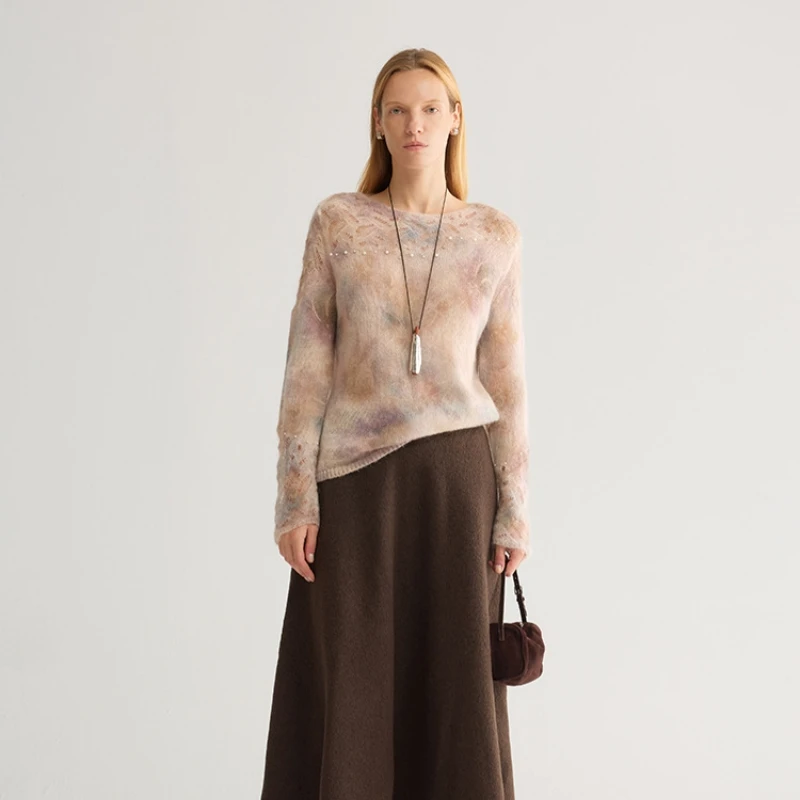 Birdtree, Wool Blended Beading Sweater, Full Sleeve O-neck Tops, Women's Knitted Hollow Thin Smock, 2026 Autumn New T68719JF