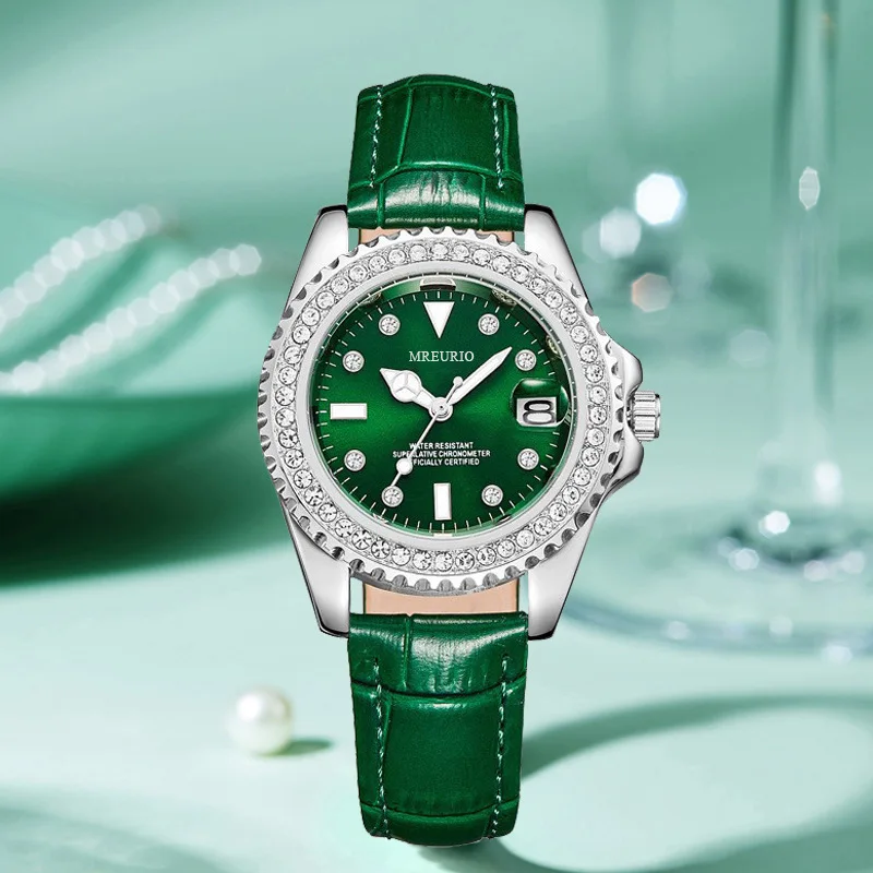 Fashion Diamond Embellished Women Quartz Watch Leather Strap With Calendar Wristwatch Female Watches Casual Ladies Daily Wear