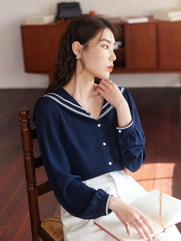 DUSHU Sailor Collar Women Navy Blue Long Sleeve Straight Blouses 2023 Spring Single Breasted Casual Women Tops Chiffon Blouse