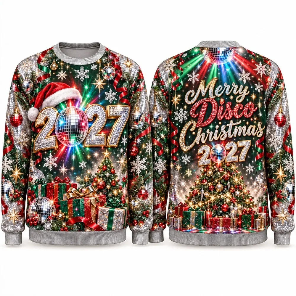 2027 Disco Christmas Ugly Christmas Sweater 3D Printed Polyester Crewneck Pullover Long Sleeve Men Women Unisex Sweaters