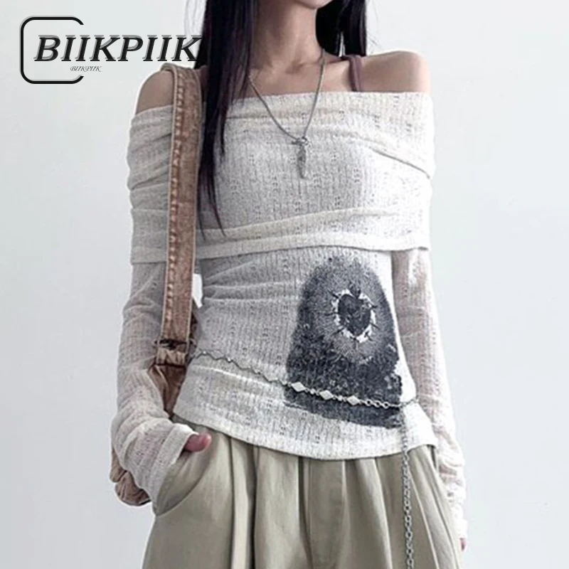 BIIKPIIK Slash Neck Printed T-shirts Casual Long Sleeve Slim Fit Women Crop Tops All-match Autumn Tees Elegant Knitted Tops Chic