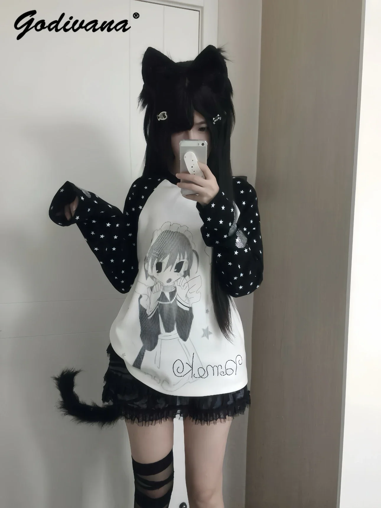 Japanese Kaomoji Maid Star Print Long Sleeve Cute Top Girls Hot Diamond Bone T-Shirt Elastic Waist Star Pumpkin Shorts