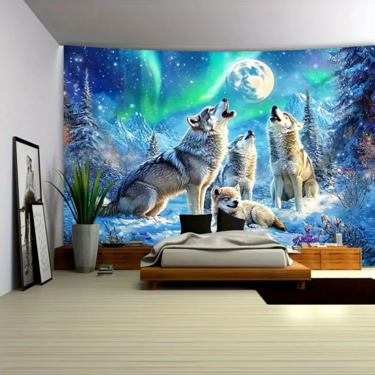Northern Lights Wolf Pack Tapestry, Howling Wolves Full Moon Snowy Forest Nature Landscape Wall Art for Home Decor