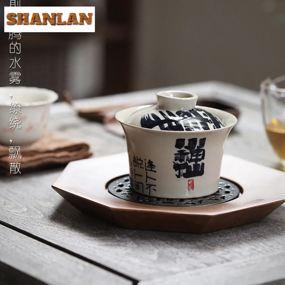 130ML Vintage Handwritten Little Immortal Gaiwan Retro Grass Wood Gray Tea Tureen Household Tea Making Cover Bowl Teaware Craft