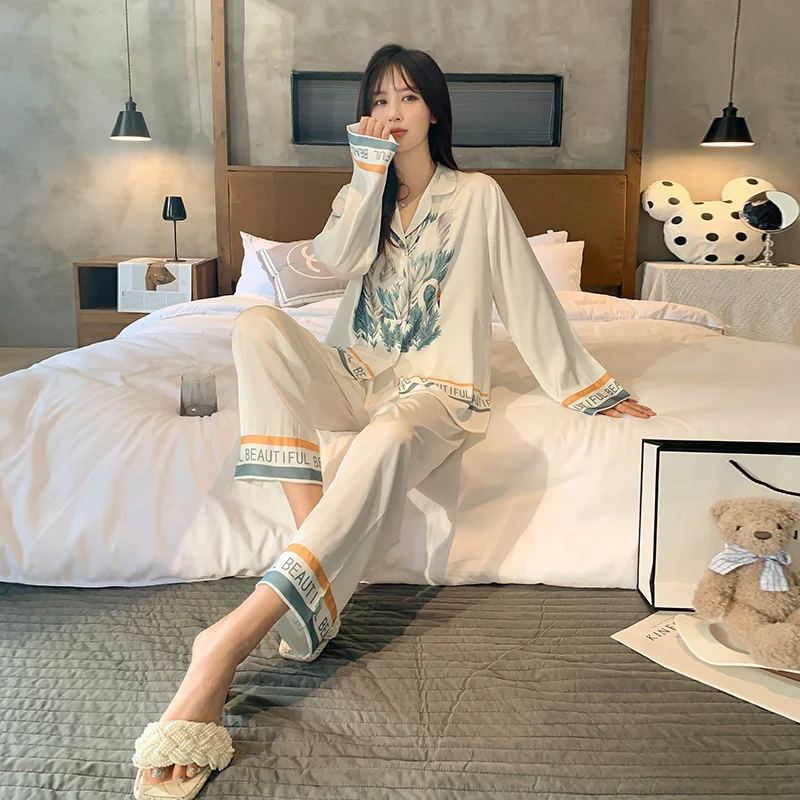 

Ice Silk Pajamas For Women In Spring And Autumn, Thin Satin Long Sleeved Trousers, Fashionable Two-piece Set, High-grade Silk