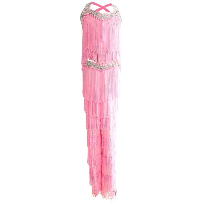 Full Drill Fringed Latin Dance Clothes Girls Latin Dance Fringed Top Pants Kids Samba Latin Dance Competition Costume SL9460