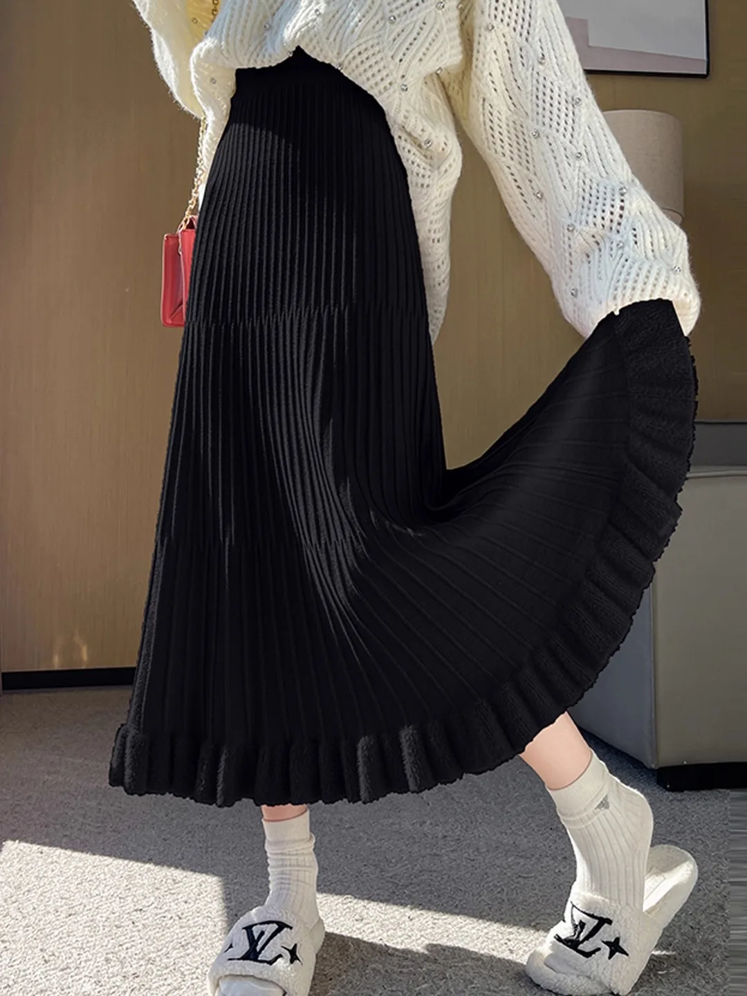 

High Waist Bla Pleated Knitted Skirt Women's Autumn Winter A-Line Skirt Slimming Gentle Sle Midi Skirt for Ladies