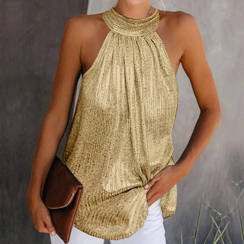 Women Golden Blouse 2024 Fashion High Neck Sleeveless Hatler Tank Top Vest Summer Casual Loose Blouse Shirt Tees