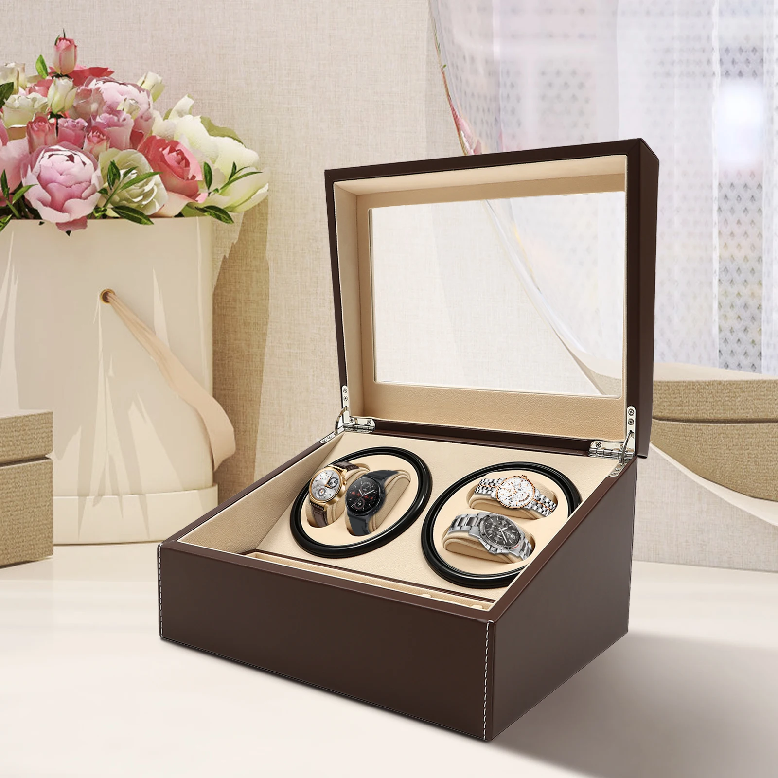 Black/Brown High Quality 4+6 Watch Winder Automatic Watch Display Box Luxury Storage Box Put Down 10 Watch Hot Sale