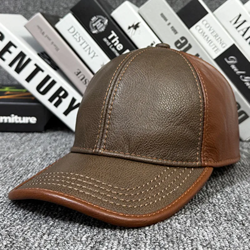 New Autumn Winter Genuine Leather Caps For Men Thickened Cold proof Warm Baseball Cap Natural Cowhide Leather Hats Snapback Cap