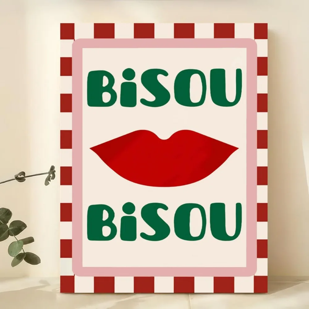 ملصق مؤطر لفن الشفاه الأحمر Bisou Bisou ، لوحة قماشية كلاسيكية حديثة لغرفة النوم وغرفة المعيشة والمطبخ والديكور الفني #6