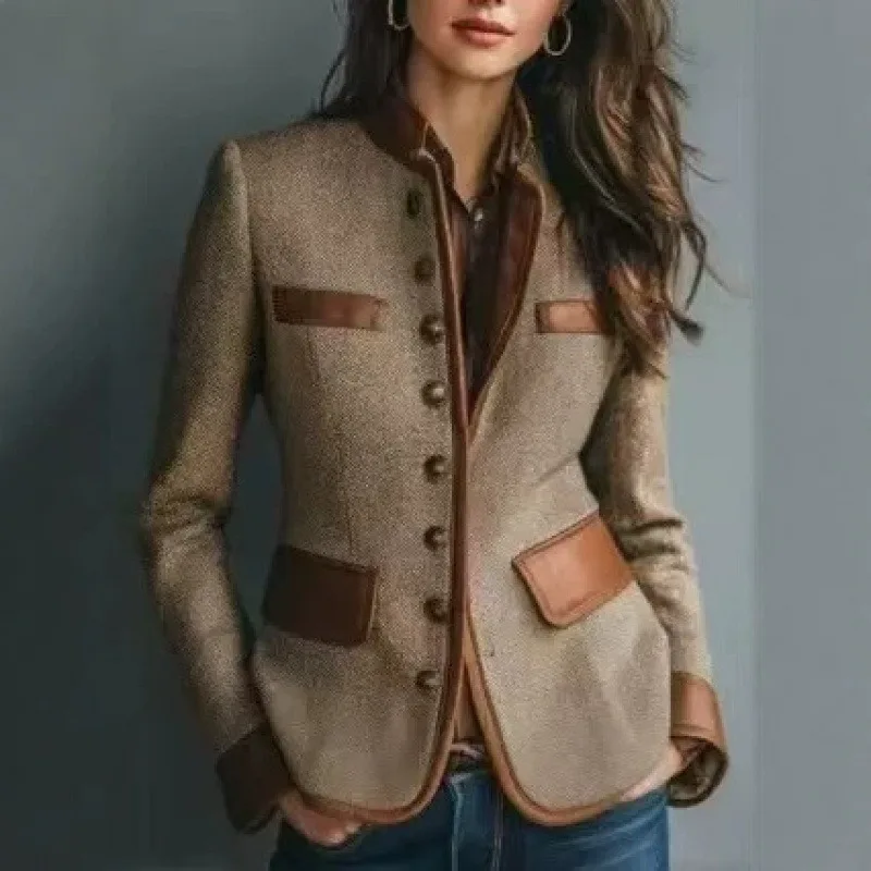 Women Herringbone Tweed Blazer Jacket Stand Collar Faux Patchwork Single Breasted Short Coat Ladies Vintage Long Sleeve Slim Fit