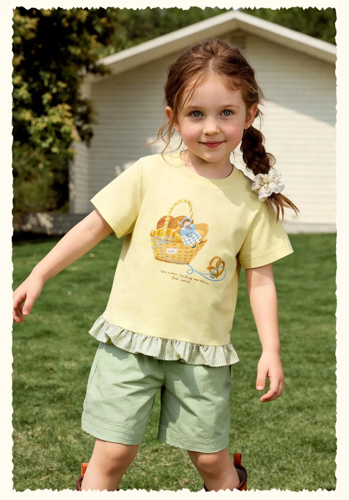 Amila 2026 Sommer-T-Shirt für Mädchen im neuen Stil mit kindlichen Illustrationen, kariertem Muster, Rüschensaum und coolen kurzen Ärmeln – Detail 14