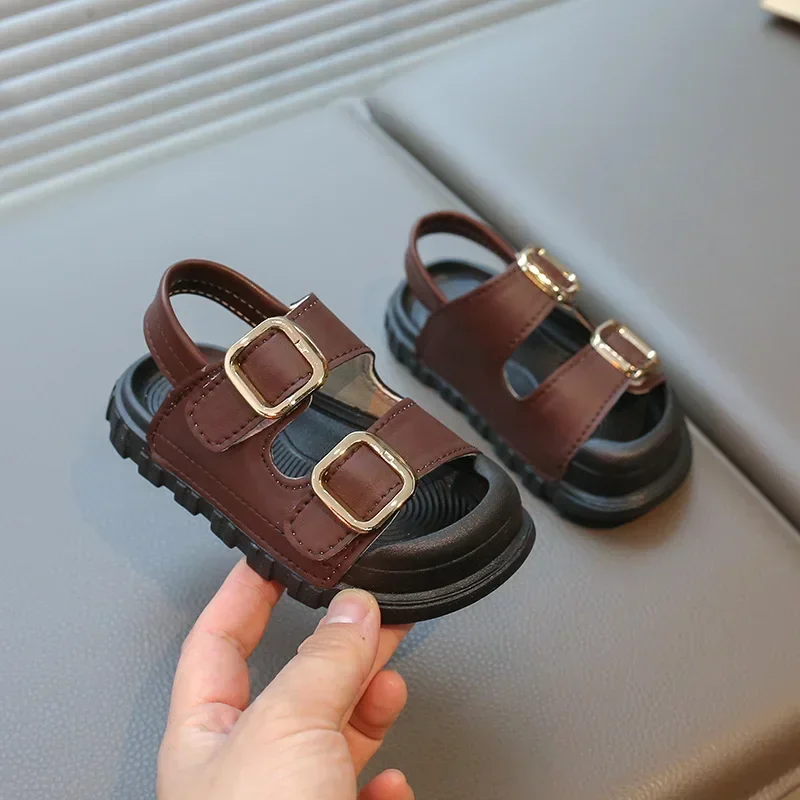 Kids Sandals Non-slip Boy Girls Fashion Shoes Soft Sole Toes Capped 2025 Summer New Children Beach Shoes Hook&loop Solid Color