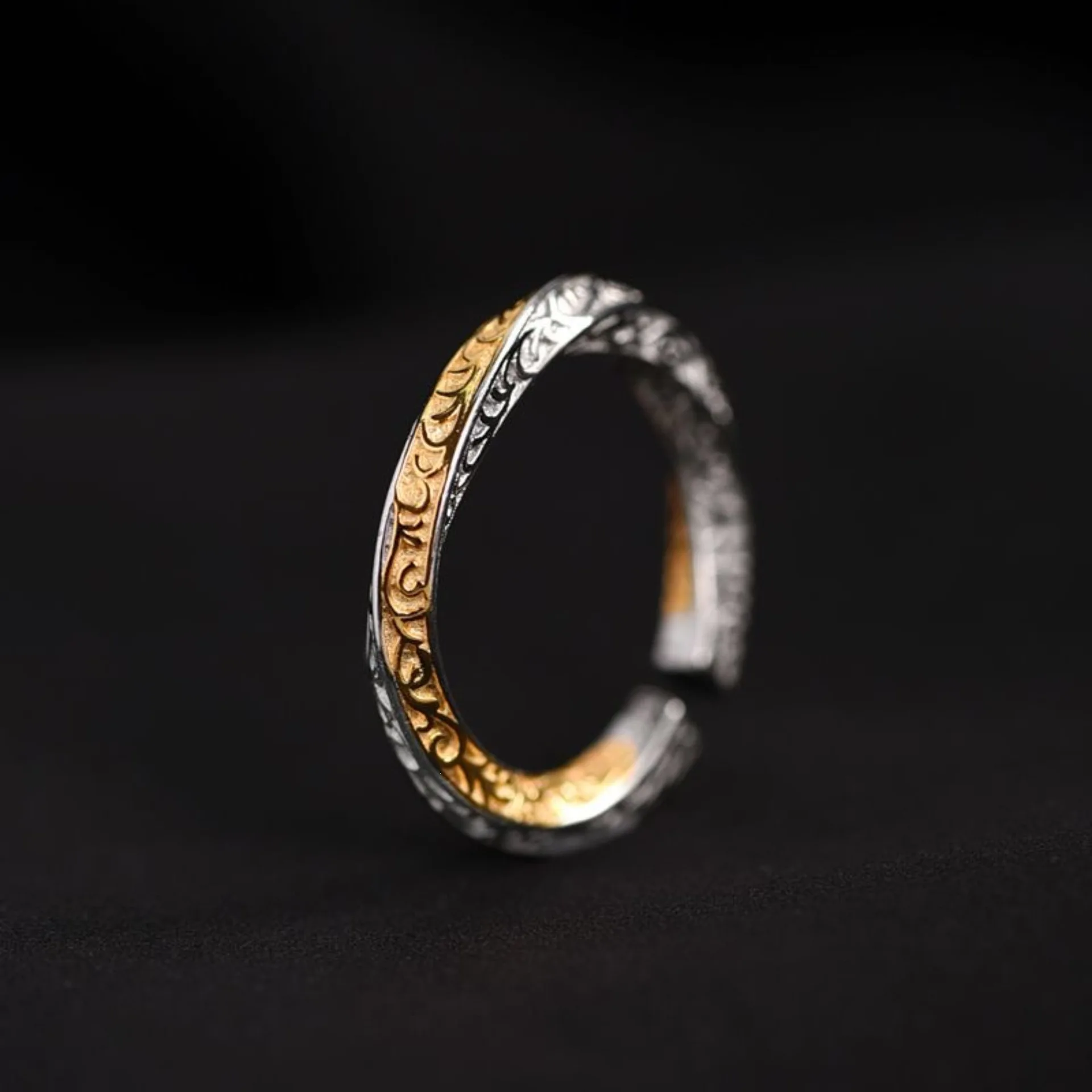 silver 925 vintage vintage Tang grass patterned rings for men and women exquisite relief color blocked ring adjustable jewelry