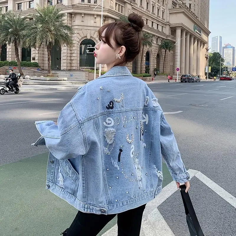 

2024 Spring Autumn New Vintage jeans Jacket Women Diamonds Hole Letters Print Denim Coat female Korean Loose Outerwear tide T192