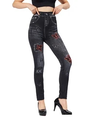 YSDNCHI High Stretch Women Yoga Leggings Sexy Red Butterfly Print Female Black Fake Jeans Slim Fit Faux Denim Pencil Pants