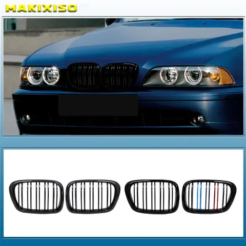 BMW 5 시리즈 E39 M5 525 528 1995-2004 듀얼 라인 자동차 액세서리 교체 부품 용 광택 블랙 프론트 후드 신장 그릴 그릴