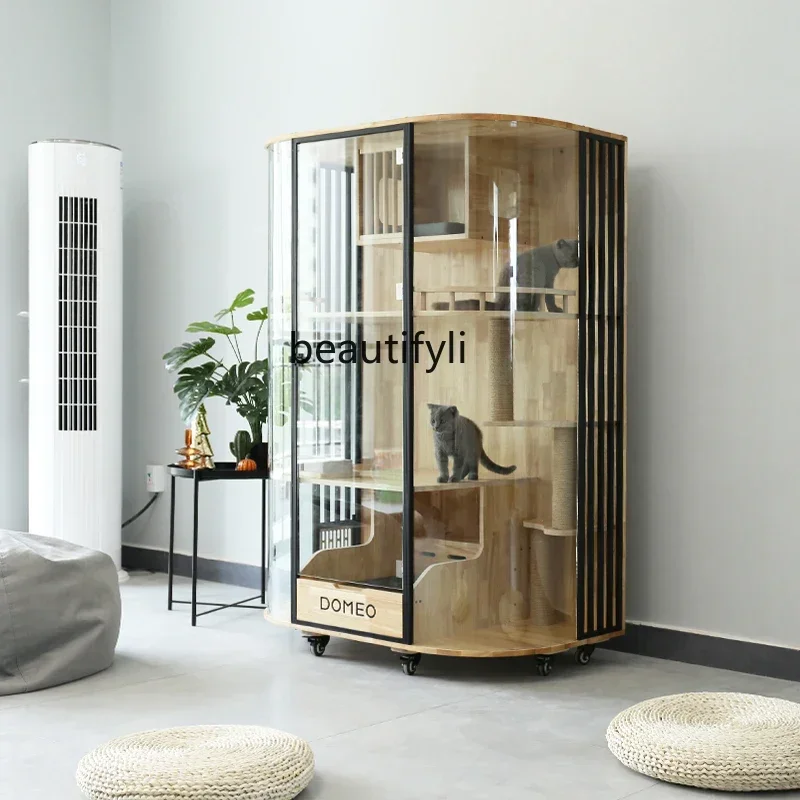 

zzz Curved panoramic cat villa glass transparent luxury solid wood cat cabinet cat coffee display cabinet