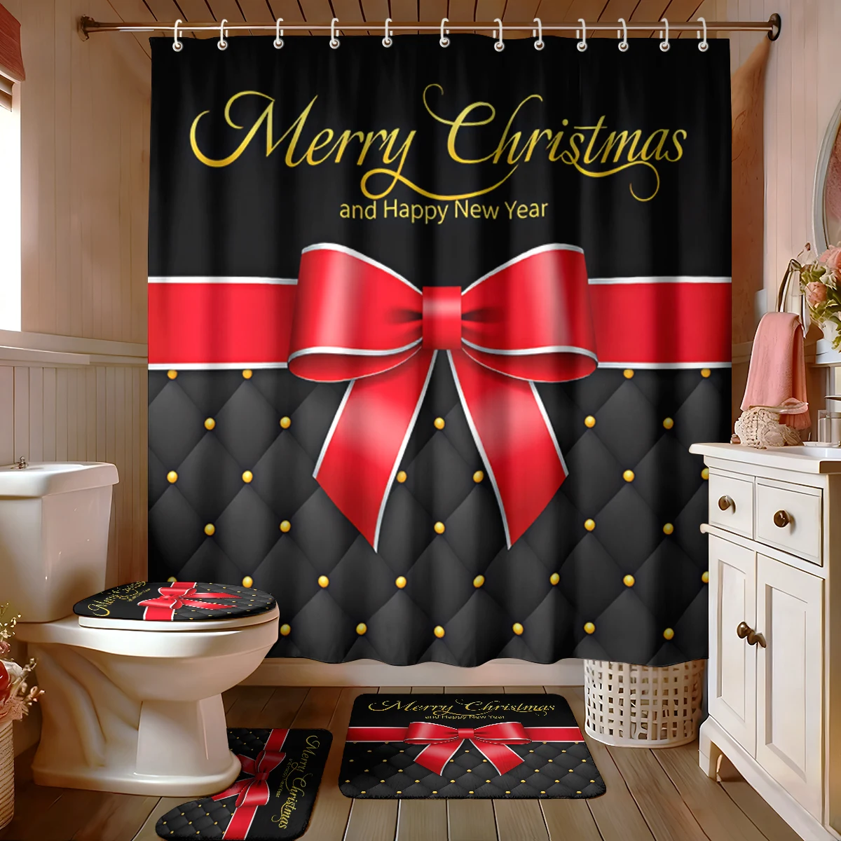 4PCS Red Bow Christmas-themed Patterned Bathroom Set, Including Bath Curtain, Toilet Seat Cover, and U-Shaped Floor Mat