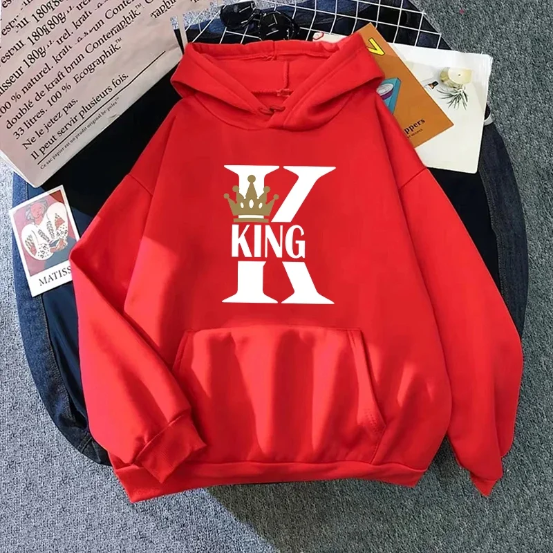 سترة بغطاء للرأس مطبوعة من King Queen للنساء والرجال للخريف والشتاء للأزواج مع قلنسوة وأكمام طويلة بلوفر منزلي مريح ودافئ