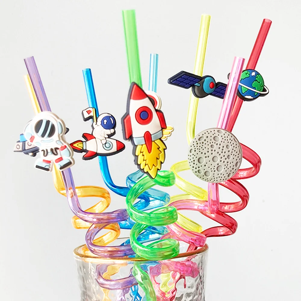 8 Pcs Outer Space Straws Reusable Solar System Rocket Spaceship Astronaut Satellite Planet Straws Space Birthday Party Supplies