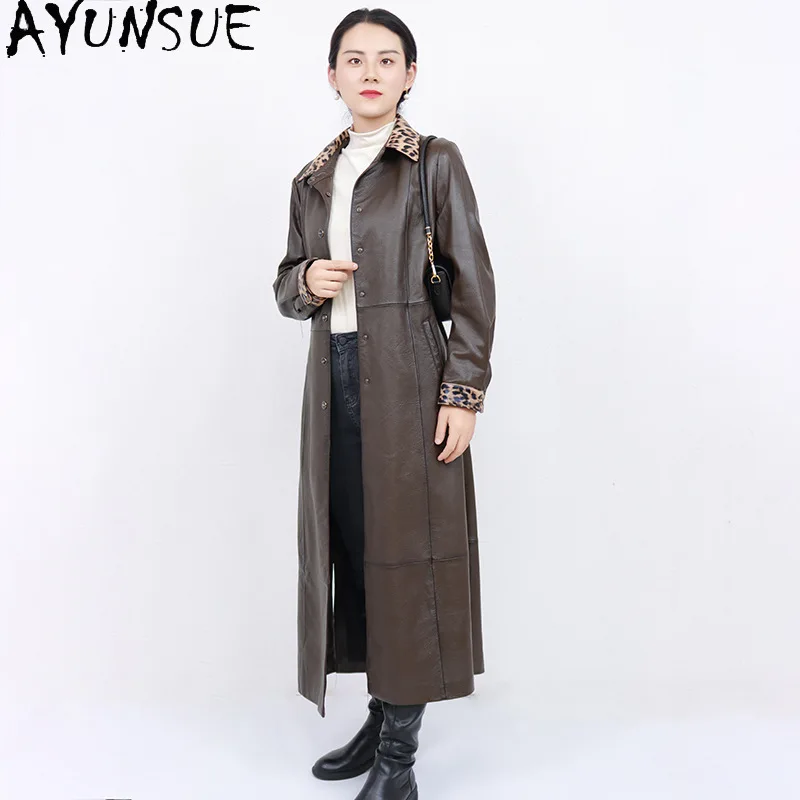 AYUNSUE リアルレザージャケット女性トップ層シープスキンレディースコート 2025 秋の女性の服ロングトレンチコート Jaqueta デ Couro