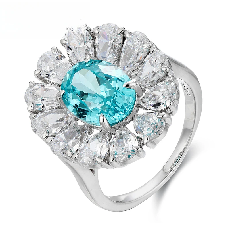Fashion Design Lab Grown Paraiba 4.5 Carat Oval Cut Blue Color Silver Engagement Ring Luxury Jewelry