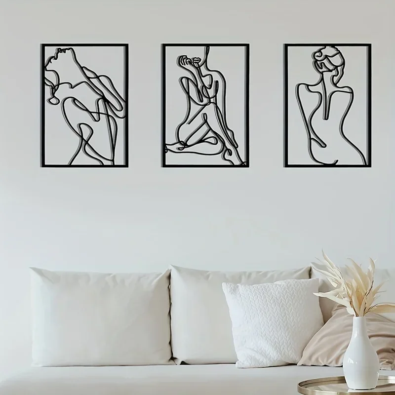 CIFVADECO-Sculptures murales en métal pour femme, art mural abstrait minimaliste, dessin au trait, décor d'art à la maison, face murale à une ligne, 3 pièces