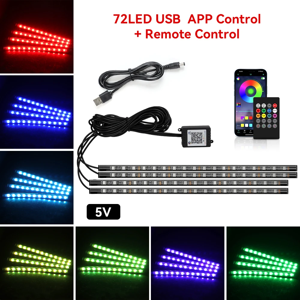 Neon 48 72 LED auto-interieur omgevingsvoetlicht met USB draadloze afstandsbediening muziek app-bediening auto RGB sfeer decoratieve lampen - afbeelding 1