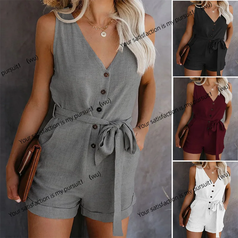 

European and American solid color jumpsuit women's new casual v-neck bow women's five-point shorts